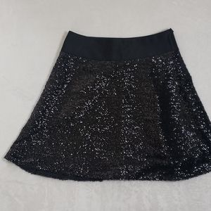 Black Sequin Skirt Flared Satin Waistband